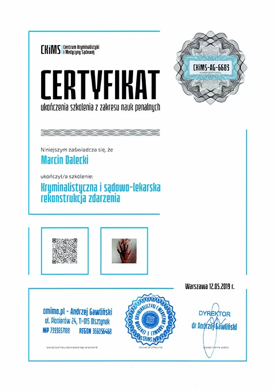 Certyfikat - Centrum Kryminalistyki i Medycyny Sądowej