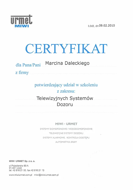 Telewizyjne systemy dozoru certyfikat